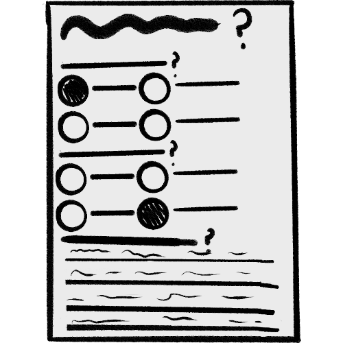 a white piece of paper with writing on it and two fill in the bubble questions and one writing question. the questions are filled in
